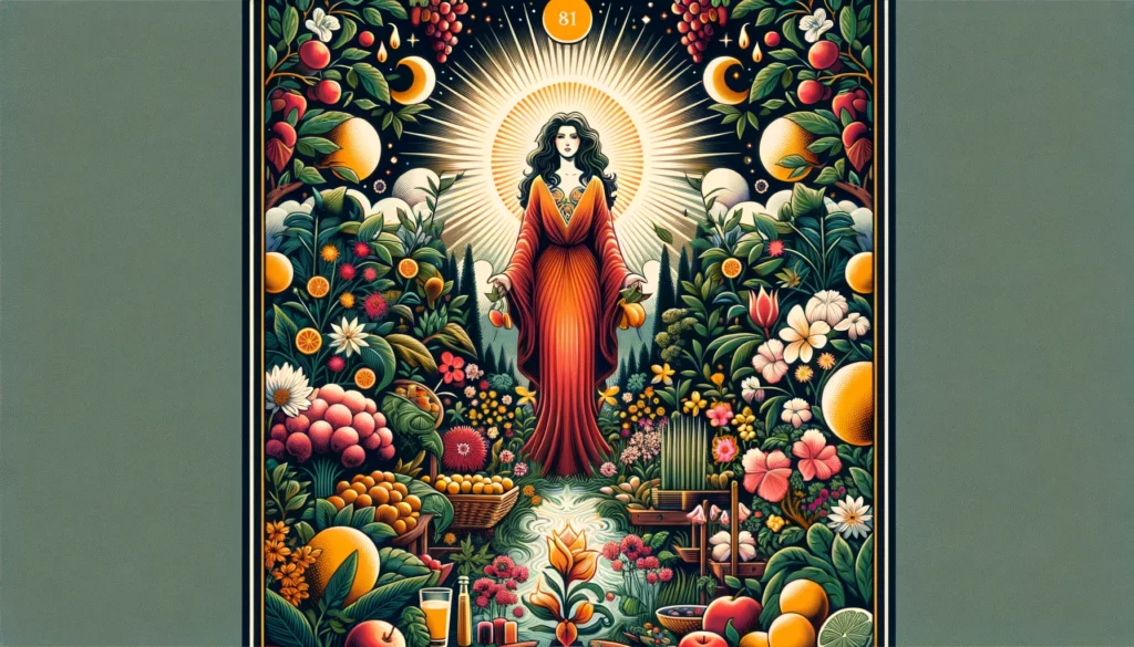 "An illustration representing abundance, creativity, and nurturing. The image features lush greenery, blooming flowers, and a figure surrounded by symbols of fertility and growth, evoking feelings of desire and fulfillment."




