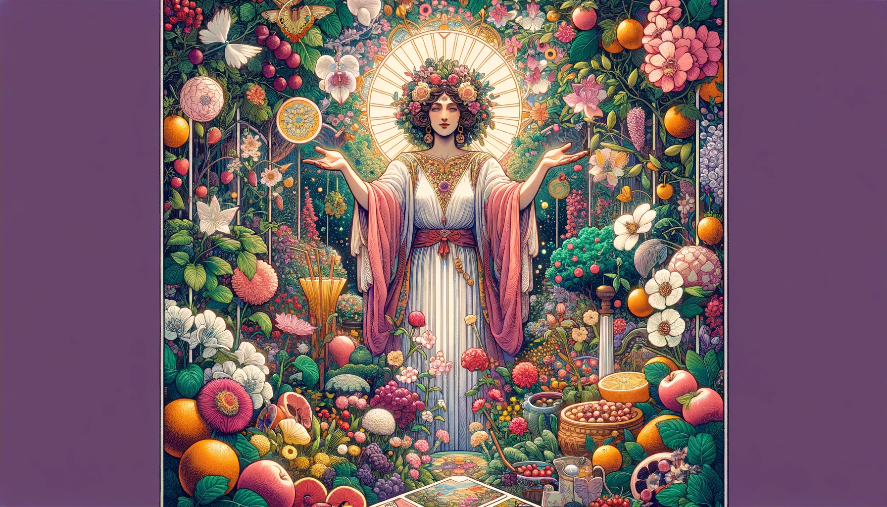 "An illustration representing desires for nurturing, abundance, and creativity. The image features lush greenery, blooming flowers, and a figure surrounded by symbols of fertility and growth, evoking feelings of aspiration and fulfillment in personal desires and aspirations."