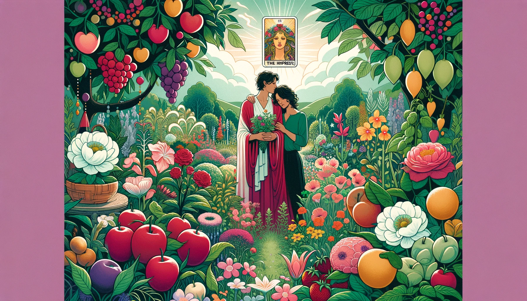 "A depiction of a couple embraced in a lush garden, surrounded by symbols of fertility and nurturing, guided by The Empress, symbolizing growth and emotional connection in love, as represented by the tarot card."