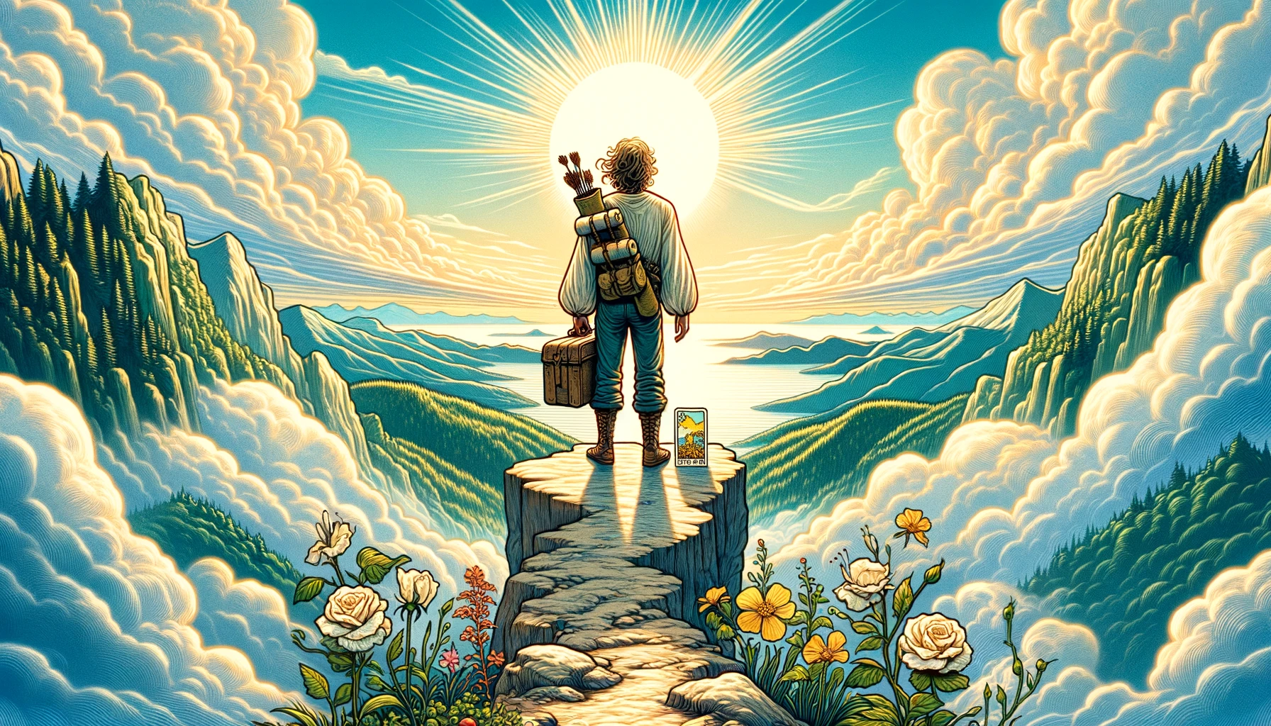 "An illustration depicting a figure stepping forward with confidence, carrying a small bag and a white flower, symbolizing the beginning of a new journey or phase in life, against a backdrop of bright skies and lush greenery."