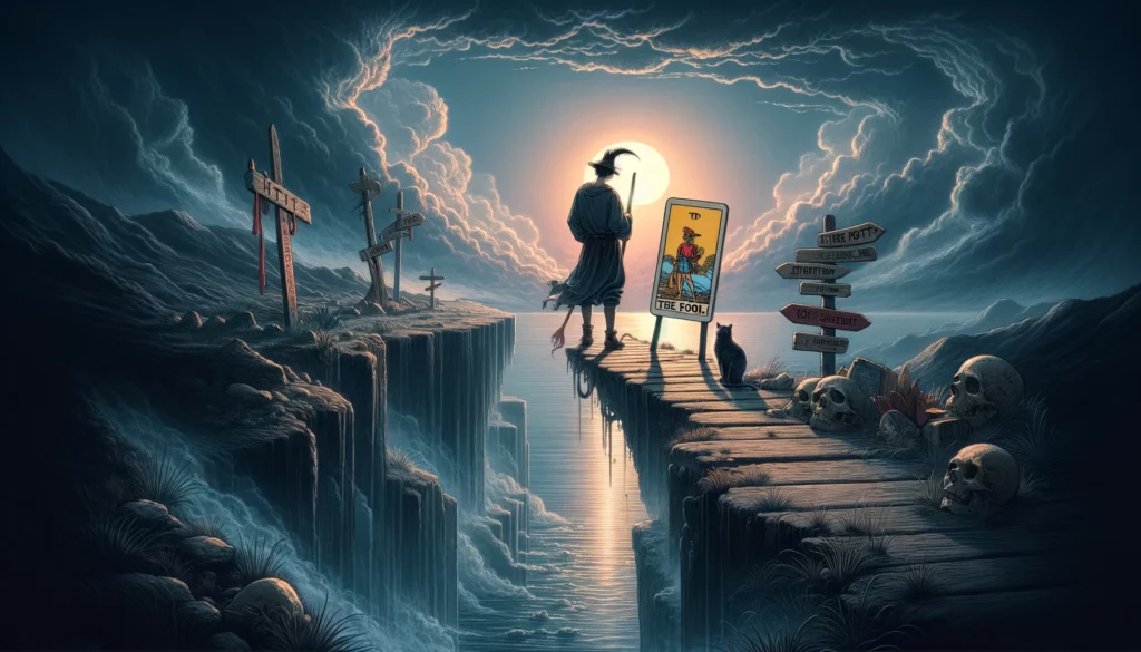 "Illustration depicting a person teetering on the edge of a cliff, seemingly unaware of the risks ahead, symbolizing naivety and recklessness, with stormy skies and treacherous terrain below, highlighting the potential consequences of unconsidered actions."