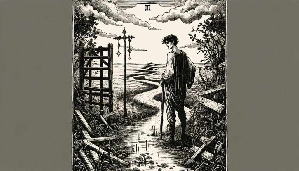  "An illustration representing the interpretation of 'The Fool' Tarot card in its reversed position, depicting a figure hesitating at the edge of a cliff, surrounded by symbols of hesitation and missed opportunities, evoking the themes of caution, indecision, and the fear of taking risks."