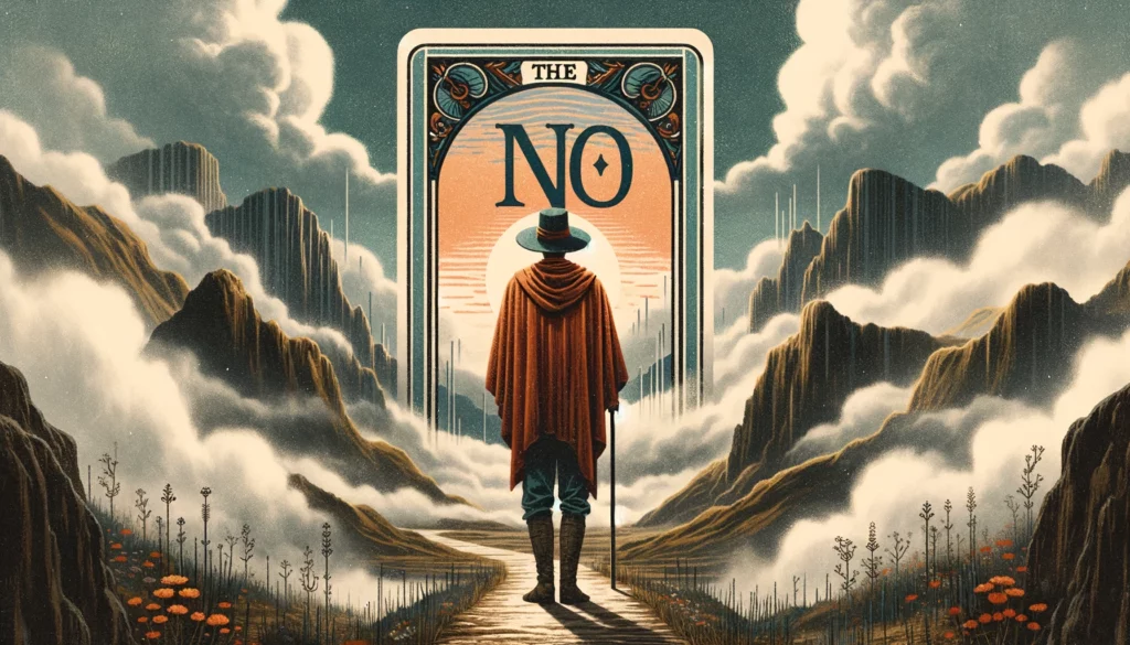 "An illustration representing the nuanced interpretation of 'The Fool' Tarot card as a 'No' answer in yes-no questions, depicting a figure pausing with uncertainty and contemplation, suggesting hesitation and reconsideration, surrounded by symbols evoking complexity and introspection."