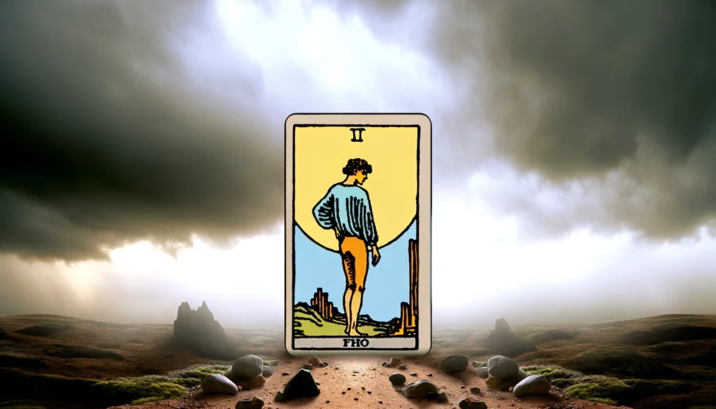 "Illustration depicting a hesitant figure standing on the edge of a cliff, looking uncertain and apprehensive, with arms crossed and a cautious expression, symbolizing The Fool reversed's traits of recklessness, naivety, and reluctance to embrace new beginnings, evoking a sense of hesitation and fear in personal exploration."