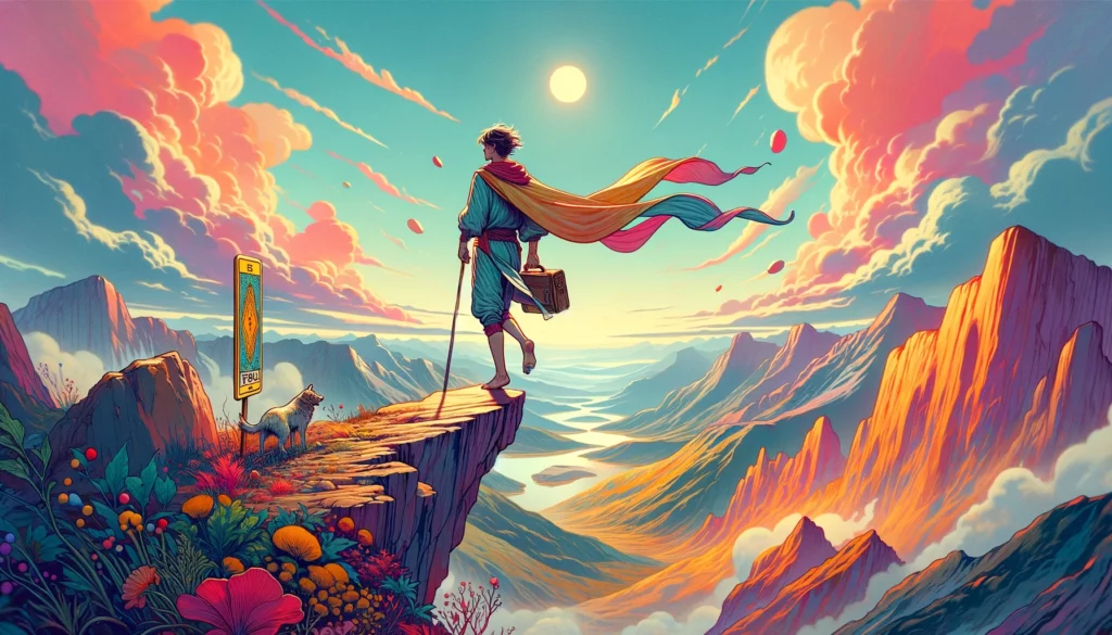 "Illustration showing a person standing at the edge of a cliff, poised to step forward with a sense of optimism and excitement, symbolizing the start of a new adventure or journey into the unknown, against a backdrop of vibrant skies and expansive landscapes."




