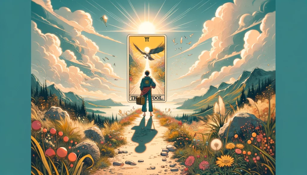  "An illustration representing the interpretation of 'The Fool' Tarot card in the context of personal desires, depicting a figure taking a bold leap forward into the unknown, surrounded by symbols of adventure and new beginnings, evoking the desire for freedom, spontaneity, and self-discovery."