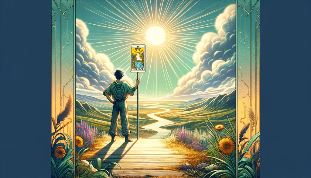  "An illustration representing the affirmative interpretation of 'The Fool' Tarot card, featuring a figure stepping forward with optimism and excitement into a new journey, surrounded by symbols of adventure and spontaneity, ideal for understanding 'The Fool' as a 'Yes' answer in yes-no Tarot questions."