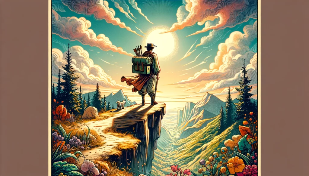 "Illustration portraying a cheerful figure standing at the edge of a cliff, gazing out into a vast, open landscape with arms outstretched and a carefree expression, symbolizing The Fool's traits of innocence, freedom, and eagerness for new adventures, evoking a sense of openness and spontaneity in personal exploration."