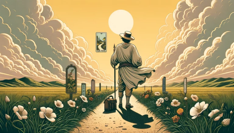 "An illustration representing the interpretation of 'The Fool' Tarot card's meaning as desires, depicting a figure stepping forward with excitement and curiosity, surrounded by symbols of adventure and exploration, evoking the desire for freedom and self-discovery."