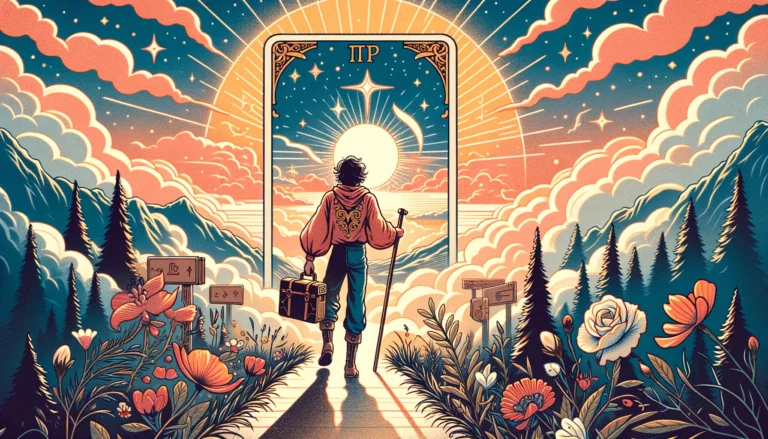 "Illustration depicting a carefree individual walking along a winding path through a lush landscape, with vibrant flowers, rolling hills, and a bright sky, symbolizing The Fool's spirit of freedom, curiosity, and joy in life's journey, conveying a sense of adventure and optimism in personal exploration."