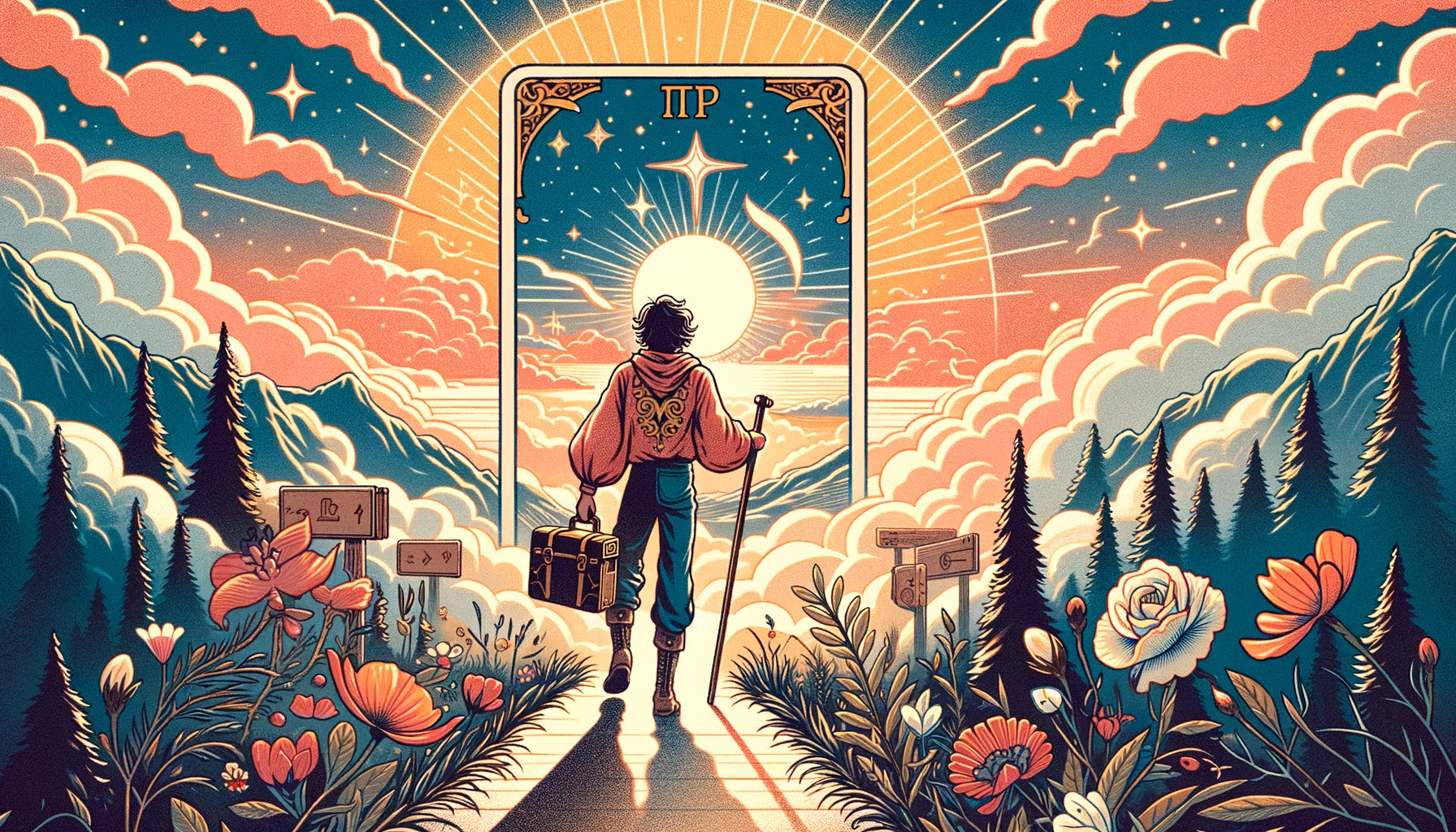 "Illustration depicting a carefree individual walking along a winding path through a lush landscape, with vibrant flowers, rolling hills, and a bright sky, symbolizing The Fool's spirit of freedom, curiosity, and joy in life's journey, conveying a sense of adventure and optimism in personal exploration."