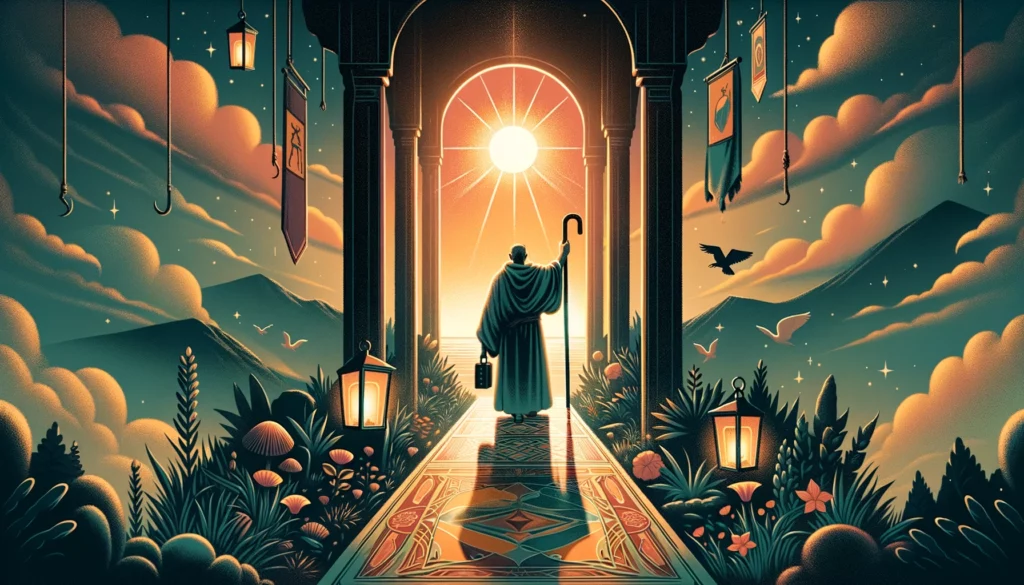  "An image portraying The Hermit emerging from solitude, stepping into the world, symbolizing transition, reconnection, and the journey from introspection to engagement, fitting for your article on this theme."