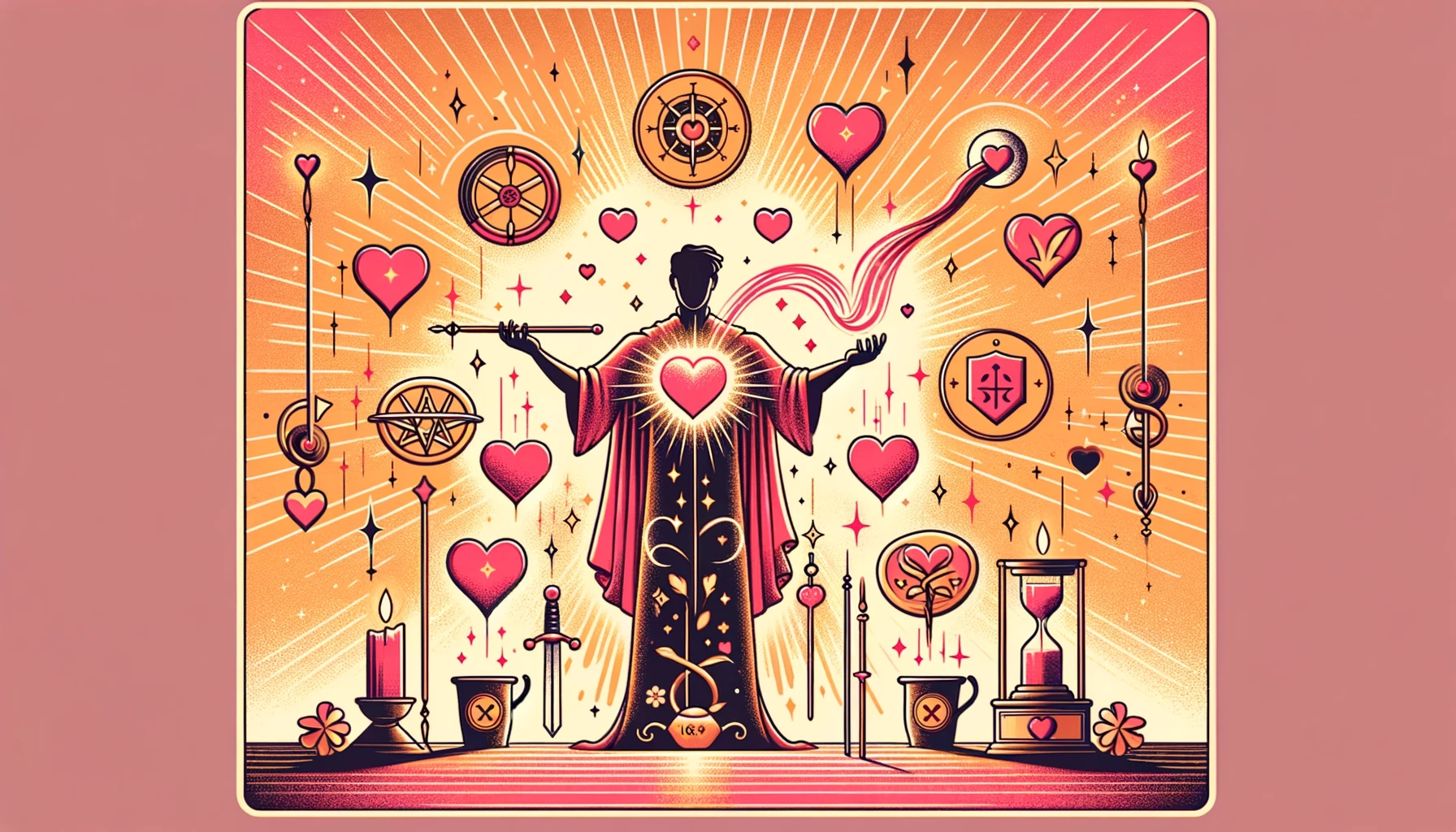 "An illustration symbolizing 'The Magician' Tarot card as a love outcome, featuring a couple holding hands with intertwined fingers, surrounded by symbols of manifestation and power, such as magic wands and mystical orbs, evoking feelings of empowerment, connection, and the fulfillment of romantic desires within the relationship."