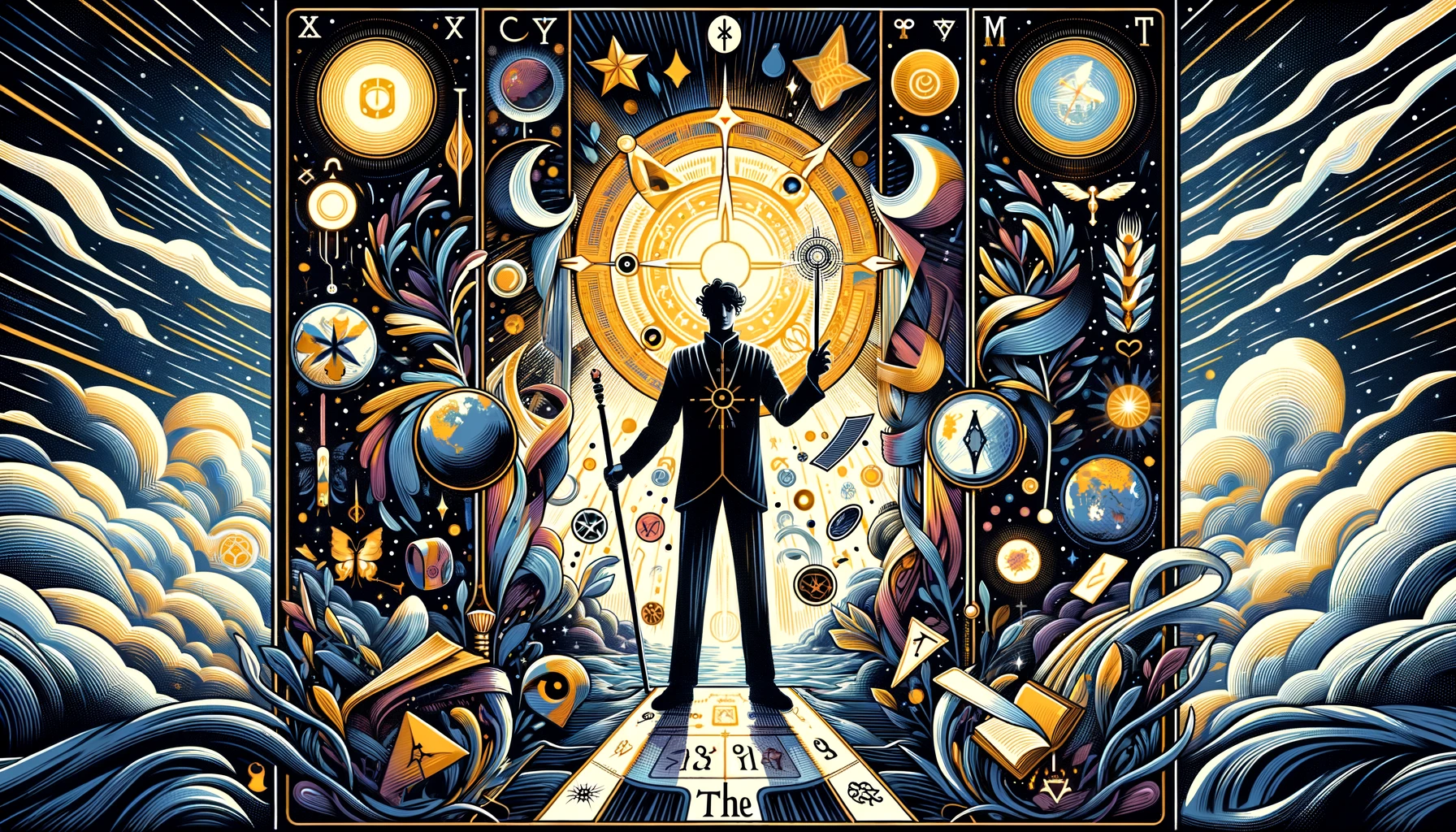 "An image representing 'The Magician' Tarot card as a person, featuring an individual confidently wielding magic wands, surrounded by swirling energy and mystical symbols, symbolizing creativity, resourcefulness, and the ability to manifest desires into reality."