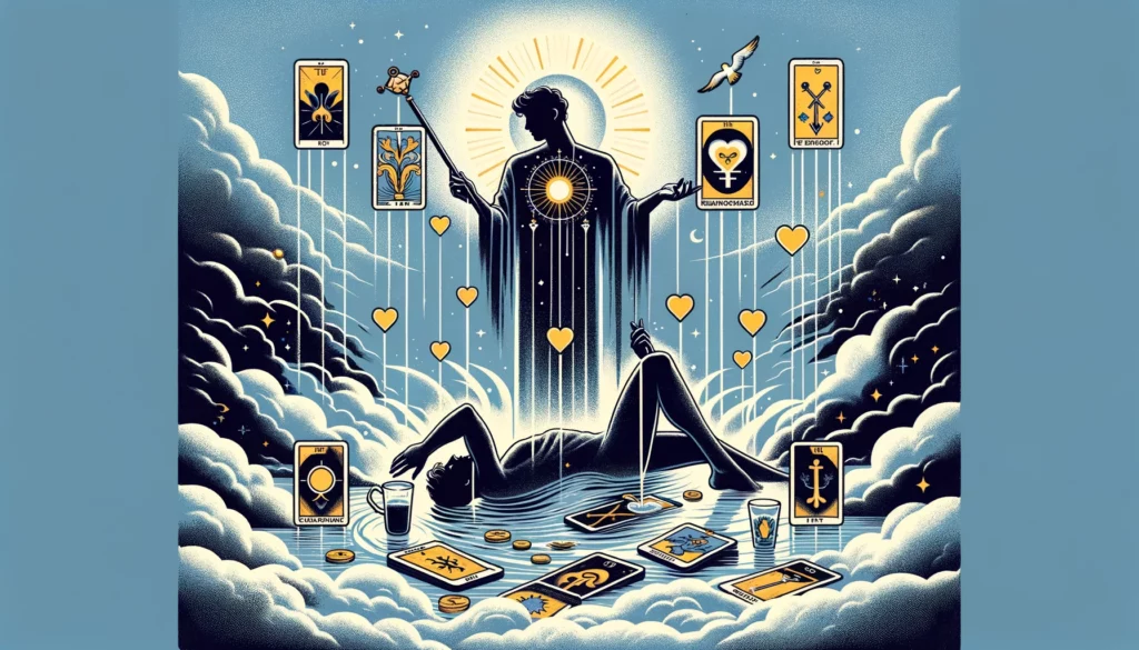  "An image representing 'The Magician' Tarot card as a love outcome in its reversed position, featuring a couple facing away from each other with troubled expressions, surrounded by tangled magic wands and obscured mystical orbs, suggesting challenges, misunderstandings, and potential manipulation in the relationship."





