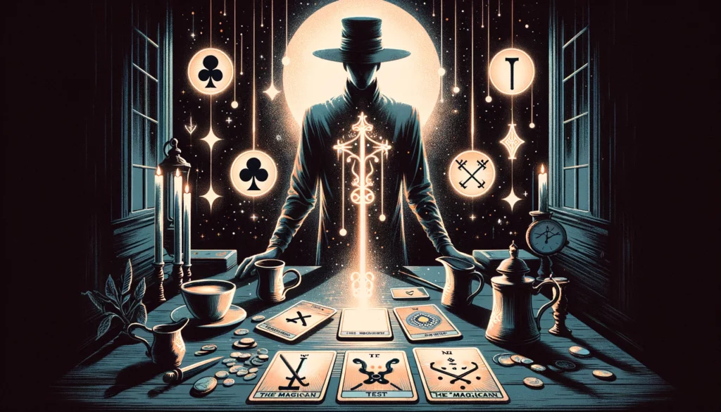 "An illustration depicting 'The Magician' Tarot card in a reversed position, symbolizing missed opportunities, lack of clarity, and potential misuse of power, suggesting a hesitant or negative response to the question posed, featuring a figure with scattered tools and obscured symbols, surrounded by a sense of uncertainty and stagnation."





