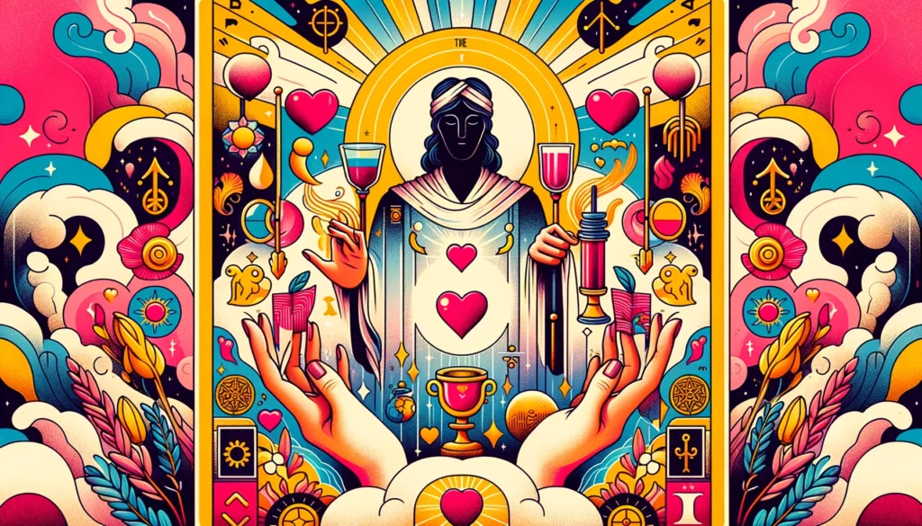  "An image representing 'The Magician' Tarot card as a love outcome in its upright position, featuring a couple standing together with confidence and affection, surrounded by symbols of manifestation and power, including magic wands and mystical orbs, suggesting mastery over desires and the successful manifestation of love within the relationship."





