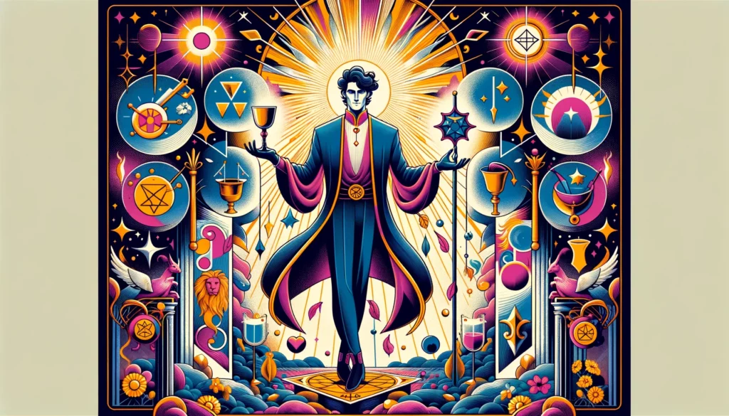  "An illustration depicting 'The Magician' as a person, showcasing a confident individual holding magical tools and surrounded by symbols of creation and manifestation, symbolizing mastery, creativity, and the power to turn ideas into reality."