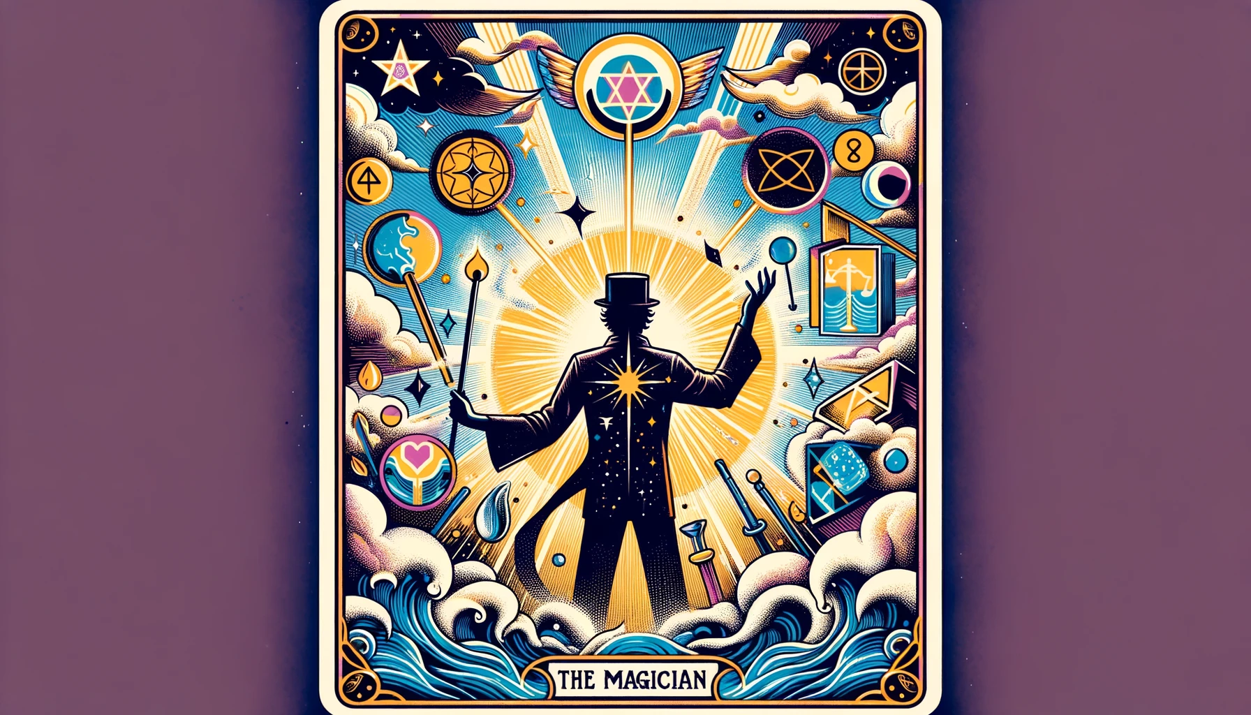 "An illustration depicting 'The Magician' Tarot card, symbolizing possibility and the power to manifest desires, suggesting a strong 'Yes' in response to yes-no questions, featuring a figure holding magical tools surrounded by symbols of creation and manifestation."