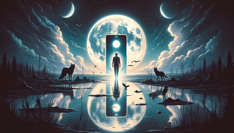"Image representing themes of intuition, mystery, and exploration of the subconscious with 'The Moon' Tarot card. Sets a compelling and enigmatic tone for your article, discussing its reflection of individuals deeply connected to their inner world and the mysteries of the psyche."