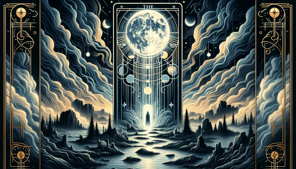 "Illustration conveying themes of confusion, fear of the unknown, and the need to confront illusion and deception. It sets an introspective tone for your article discussing 'The Moon' in its reversed position, highlighting the search for truth and the potential for overcoming confusion and fear by confronting hidden aspects of oneself."