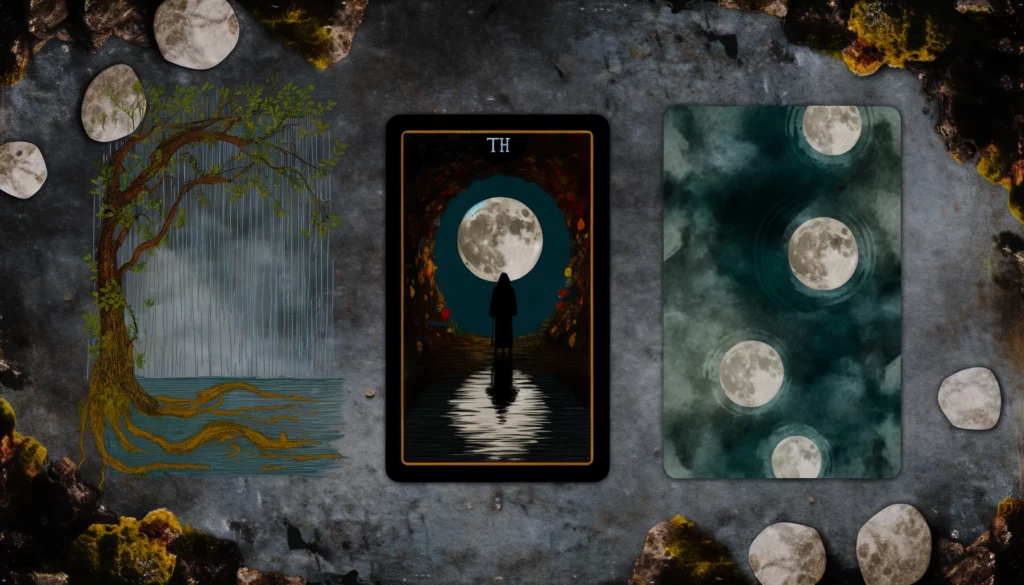  "Artwork depicting the journey of confronting hidden fears, dispelling illusions, and seeking clarity with 'The Moon' Tarot card in its reversed position. Sets an introspective tone for your article on genuine self-knowledge and achieving inner peace."