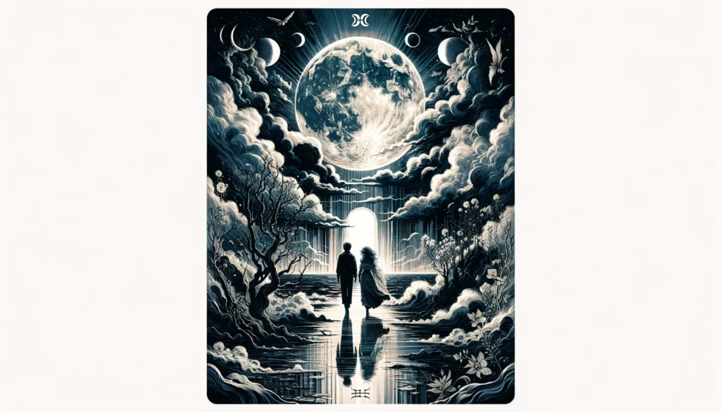  "Image representing themes of unresolved issues, misinterpretations, and navigating emotional confusion within a relationship with 'The Moon' Tarot card in its reversed position. Sets an introspective tone for your article, discussing the quest for deeper understanding and overcoming obstacles to reestablish connection."