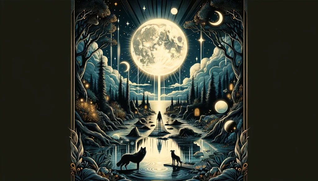 "Illustration depicting the essence of intuition, mystery, and the journey through the subconscious. It sets an engaging tone for your article discussing 'The Moon' Tarot card as a representation of intuition, illusion, and the uncovering of hidden truths."





