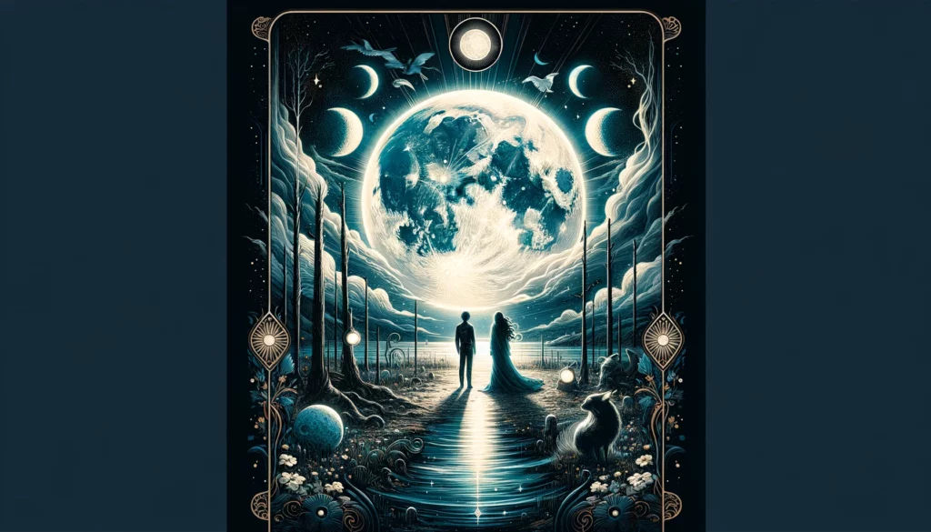  "Illustration symbolizing the journey of navigating through the complexities and uncertainties of a relationship with 'The Moon' Tarot card. Sets an engaging and introspective tone for your article, discussing its insightful guidance in love outcomes, highlighting potential for deep emotional connections and revelation of hidden truths."