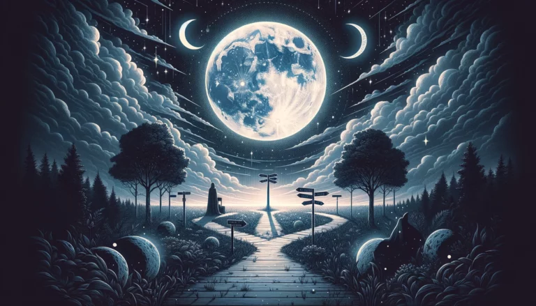 "Illustration depicting ambiguity and caution in decision-making with 'The Moon' Tarot card. Sets a contemplative tone for your article, emphasizing intuition and deeper understanding in Yes or No questions."