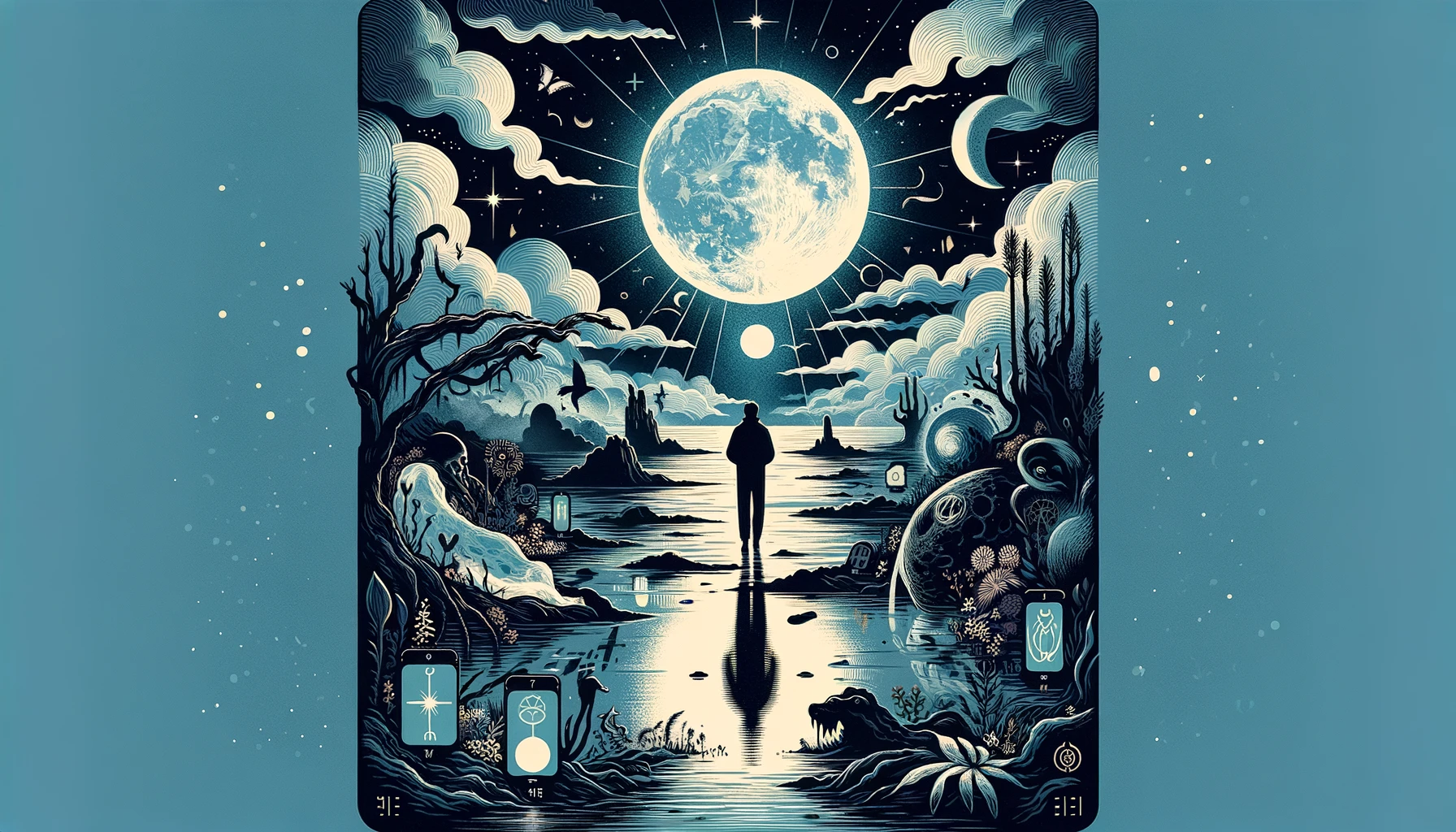 "Artwork illustrating the journey of navigating uncertainty, revealing hidden fears, and seeking clarity with 'The Moon' Tarot card. Sets a mysterious and introspective tone for your article on situational challenges and psychological depth, highlighting the quest to understand deeper emotions and instincts."