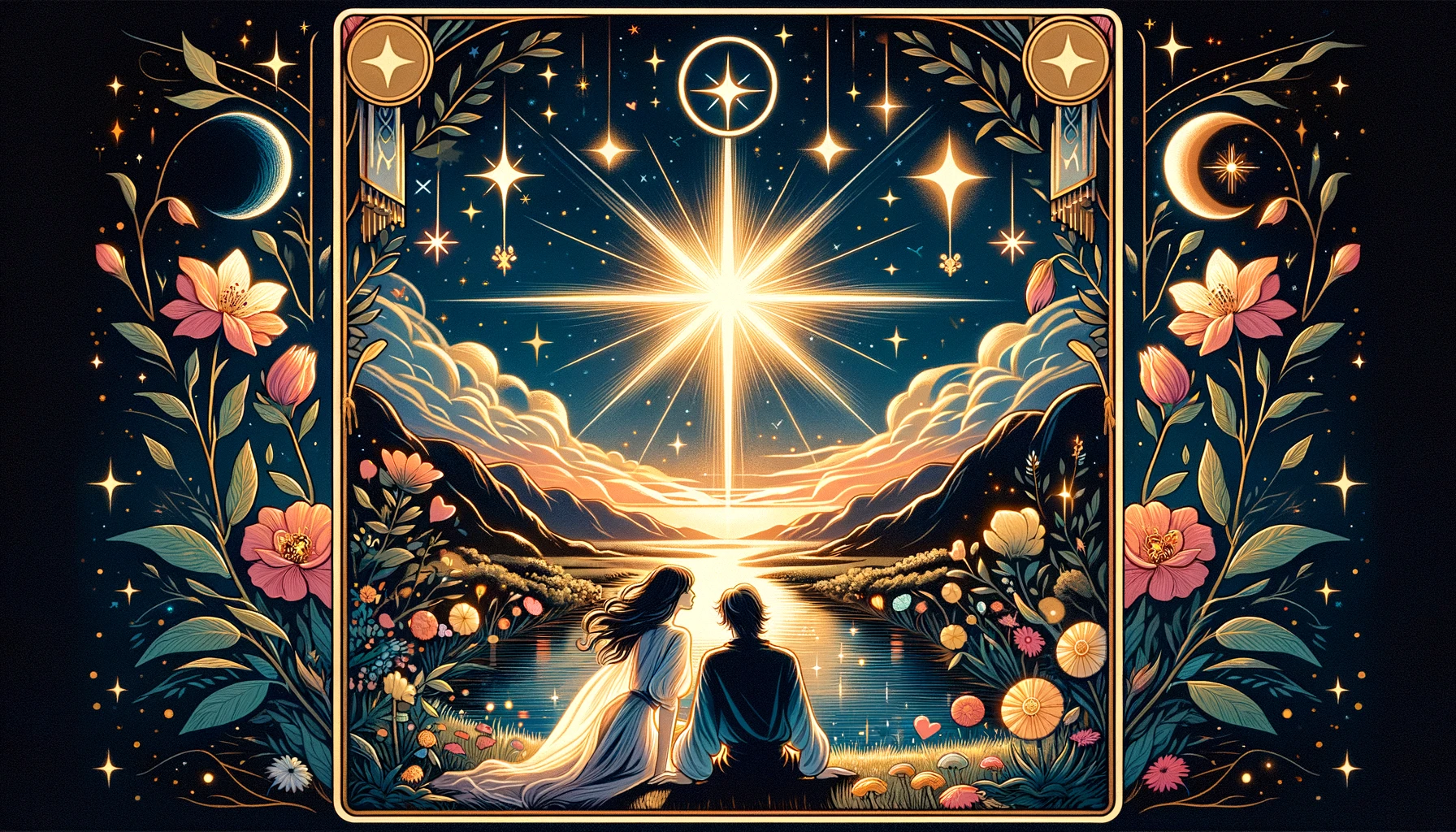 "An illustration embodying hope, healing, and the renewal of love. It sets a romantic and uplifting tone for your article discussing 'The Star' as a beacon of light in love, offering guidance and the potential for a deeper connection."