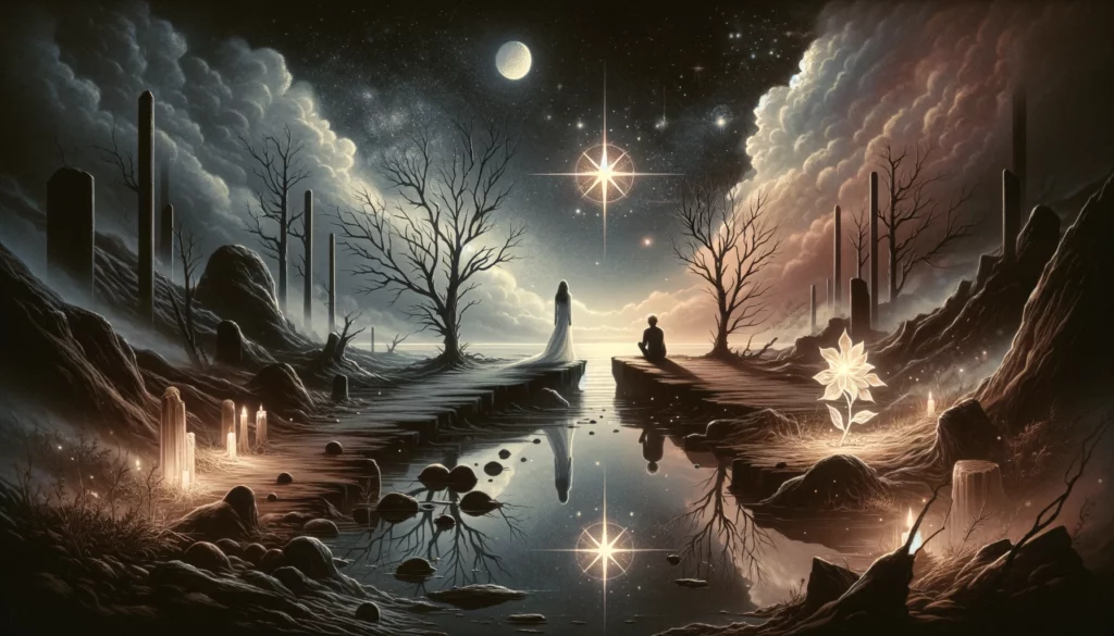  "Illustration conveying themes of lost hope, disillusionment, and the need to rediscover faith and optimism in love. It sets a contemplative tone for your article discussing 'The Star' in its reversed position as a love outcome, highlighting the quest for meaning and the potential for renewal."