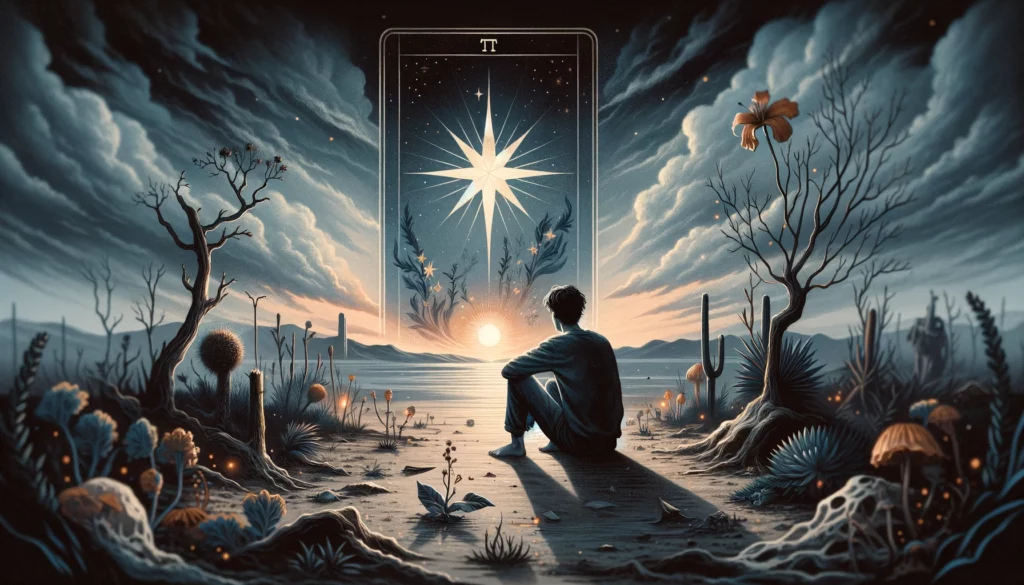  "Illustration conveying themes of disillusionment, lost faith, and the struggle to reconnect with one's inner guidance. It sets a contemplative tone for your article discussing 'The Star' in its reversed position as reflecting a person's inner journey and the potential for rediscovery and renewal."