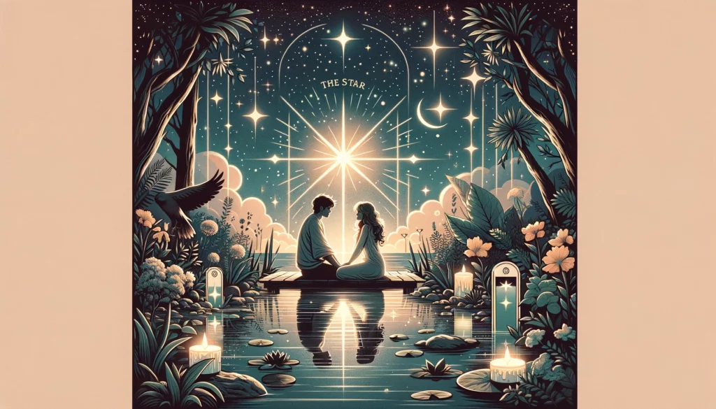 "Illustration embodying themes of hope, clarity, and spiritual connection within a relationship. It sets a serene and harmonious tone for your article discussing 'The Star' as a hopeful sign in love outcomes, highlighting the potential for a deepened bond."





