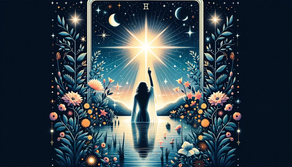 "Illustration embodying themes of hope, healing, and guidance. It sets a serene and optimistic tone for your article discussing 'The Star' as reflecting the qualities of an individual who embodies higher wisdom and serves as a source of inspiration."