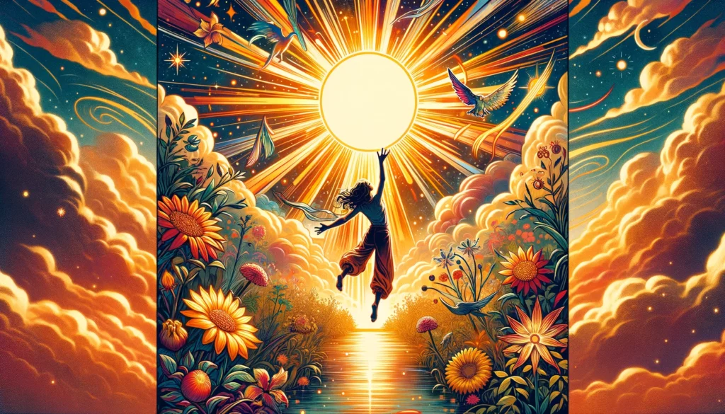 "Illustrations portraying the exuberant joy and fulfillment associated with 'The Sun' Tarot card, reflecting the epitome of one's desires and pursuit of happiness and success. Sets a luminous tone for discussing the journey to personal achievement and enlightenment."





