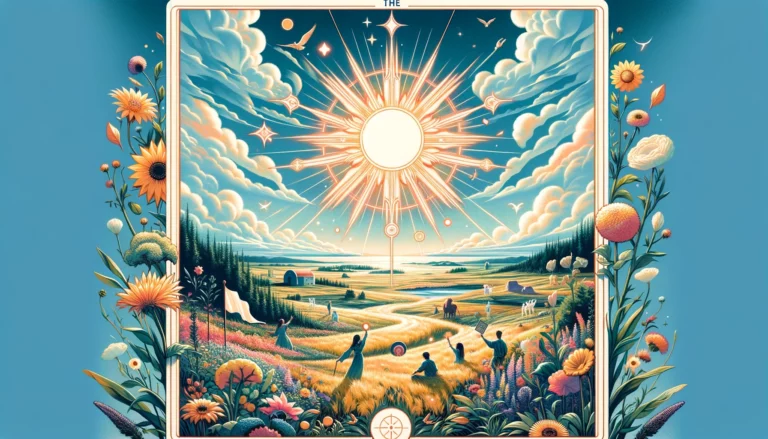 "Illustrations symbolizing the radiant and optimistic energy of 'The Sun' Tarot card in situational readings. Reflects clarity, success, and enlightenment, emphasizing resolution of conflicts, harmony, and the realization of one's highest potential."