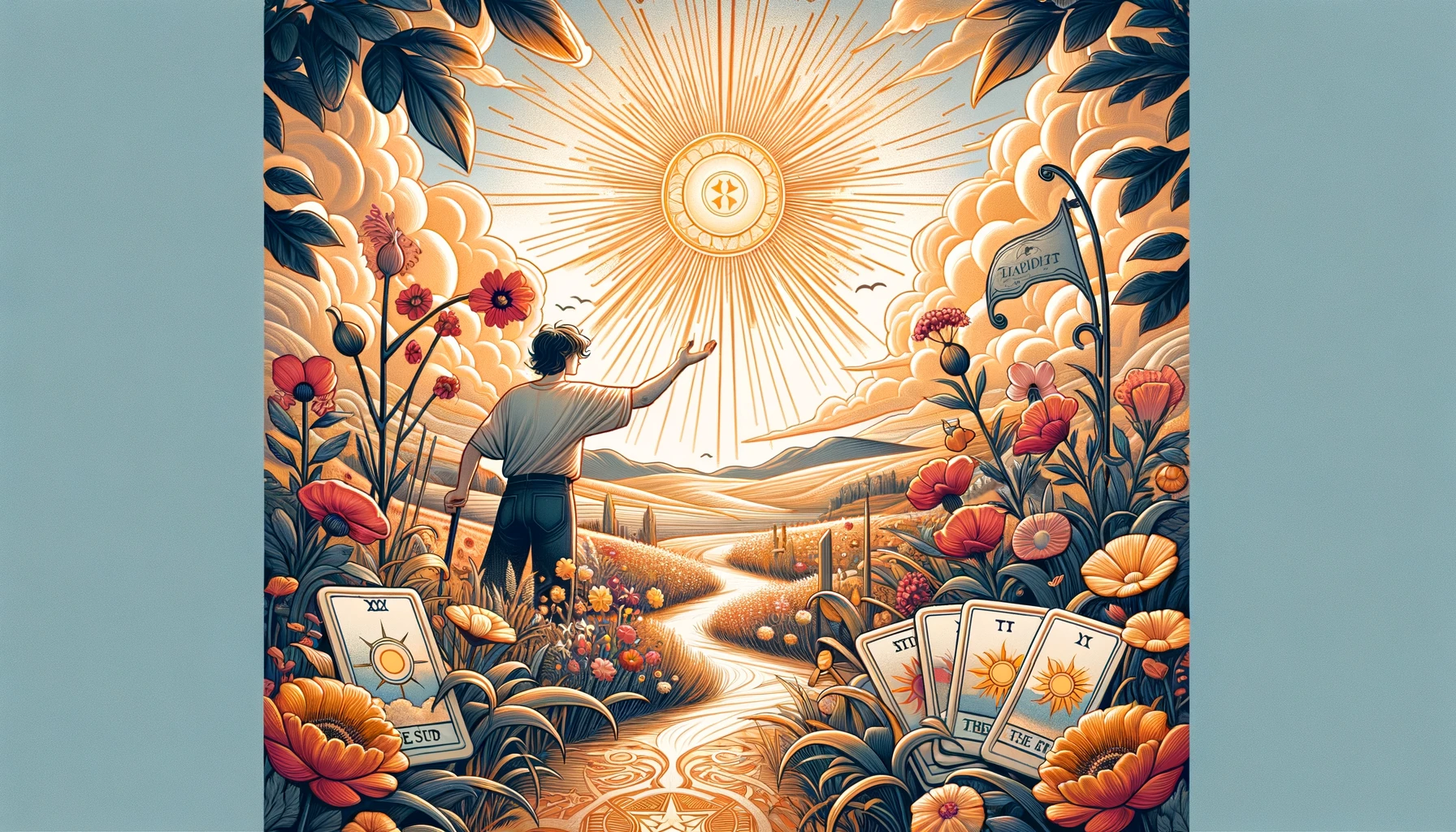 "Images depicting the radiant fulfillment and achievement of personal goals associated with 'The Sun' Tarot card. Sets an uplifting tone for discussing its representation of one's deepest desires and the realization of dreams."