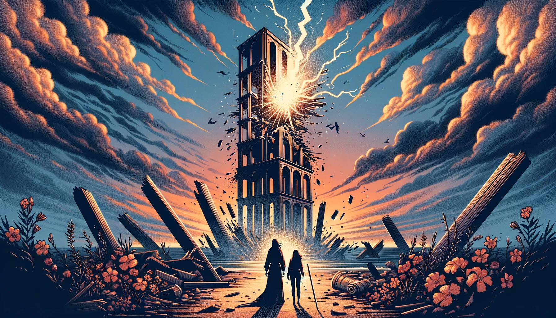 "An illustration depicting a towering structure being struck by lightning, with people falling from its heights, symbolizing sudden shifts, the collapse of false beliefs, and the opportunity for rebuilding on more authentic foundations in relationships. It sets a powerful and insightful tone for your article discussing 'The Tower' as a love outcome."