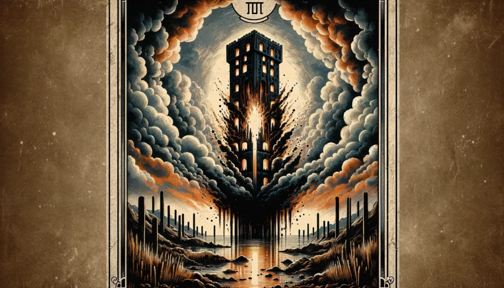  "An illustration depicting a tower standing firm amidst storm clouds, symbolizing resistance or delay in the face of inevitable upheaval and transformation. It sets an engaging tone of anticipation and caution for your article discussing the implications of drawing 'The Tower' in its reversed position in divination as a Yes or No answer."