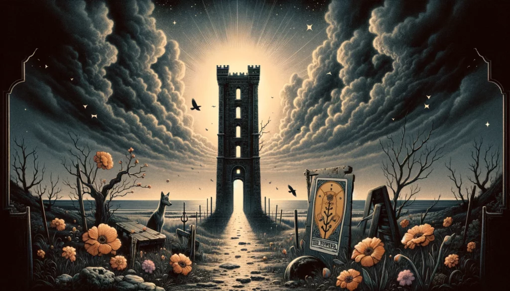 "An illustration depicting a tower standing intact despite lightning strikes, symbolizing themes of avoiding catastrophe, denial of necessary change, and the delay of inevitable truths within a relationship. It sets a thought-provoking and reflective tone for your article discussing 'The Tower' in its reversed position as a love outcome."