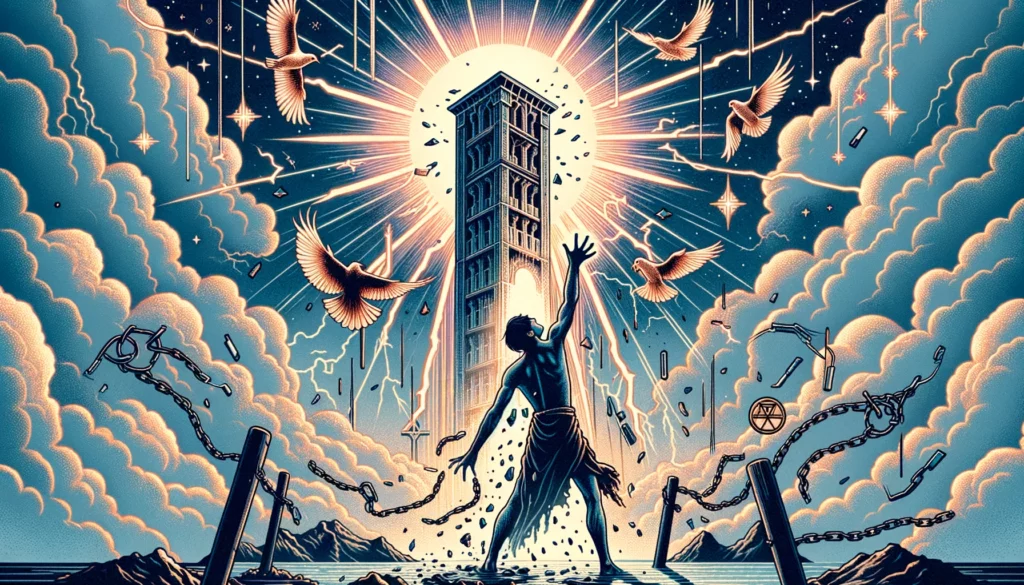 "An image illustrating a towering structure struck by lightning, symbolizing the aspiration for significant change, the shedding of outdated beliefs, and the courage to face truths. It sets an engaging and bold tone for your article discussing 'The Tower' as representing someone's desire for transformation and enlightenment."