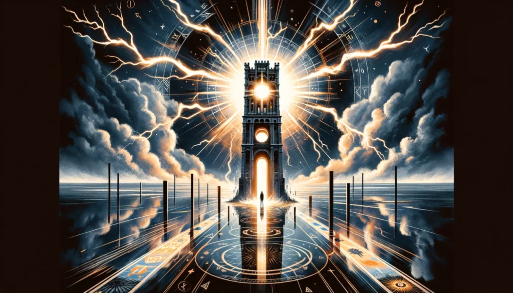 "An illustration portraying a tower crumbling down amidst lightning strikes, symbolizing a decisive moment of transformation and upheaval, signifying significant and unavoidable change. It sets a powerful and revealing tone for your article discussing the implications of drawing 'The Tower' in divination as a Yes or No answer."