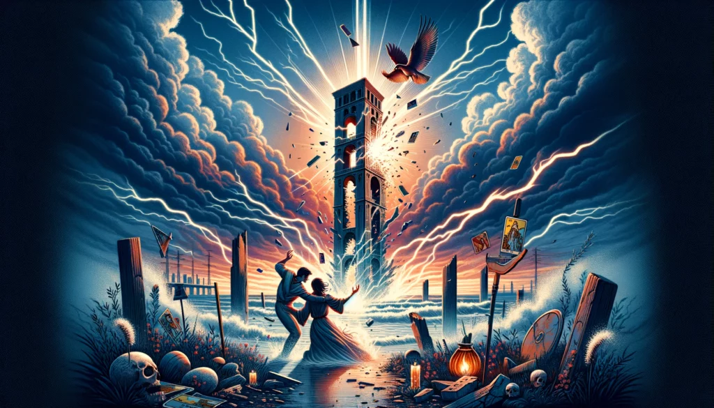 "An illustration showing a crumbling tower struck by lightning, symbolizing the transformative power of sudden revelations and the dismantling of illusions within relationships. It sets a compelling and insightful tone for your article on this subject."





