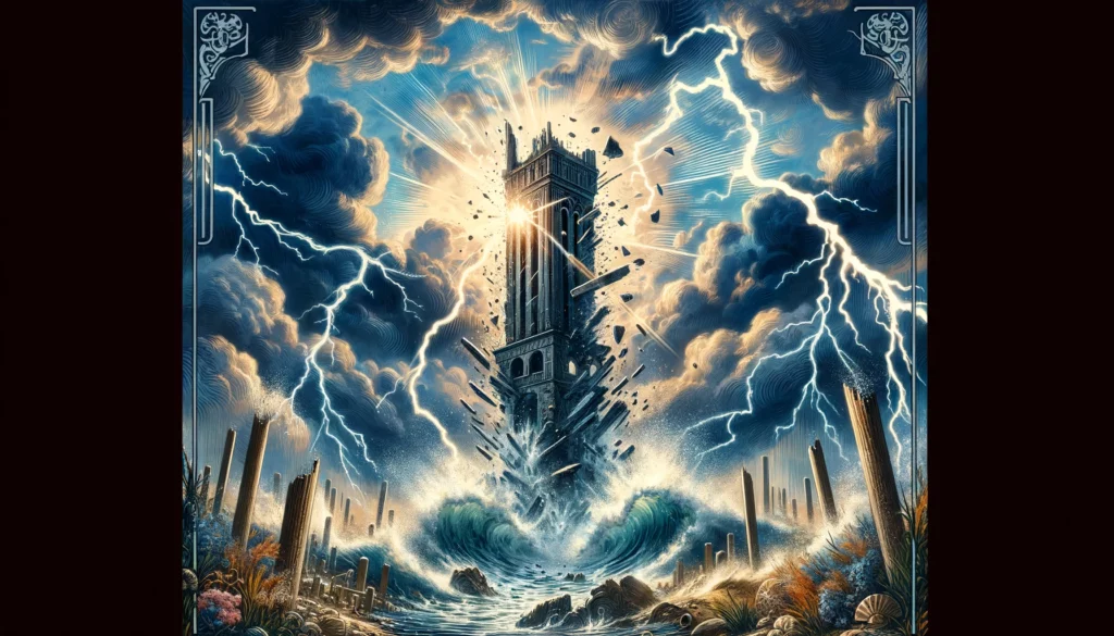  "An image depicting a towering structure being struck by lightning, crumbling and engulfed in flames, embodying the dramatic and sudden change it signifies. It sets a powerful tone of transformation and revelation for your article discussing 'The Tower' as a situational aspect of life."