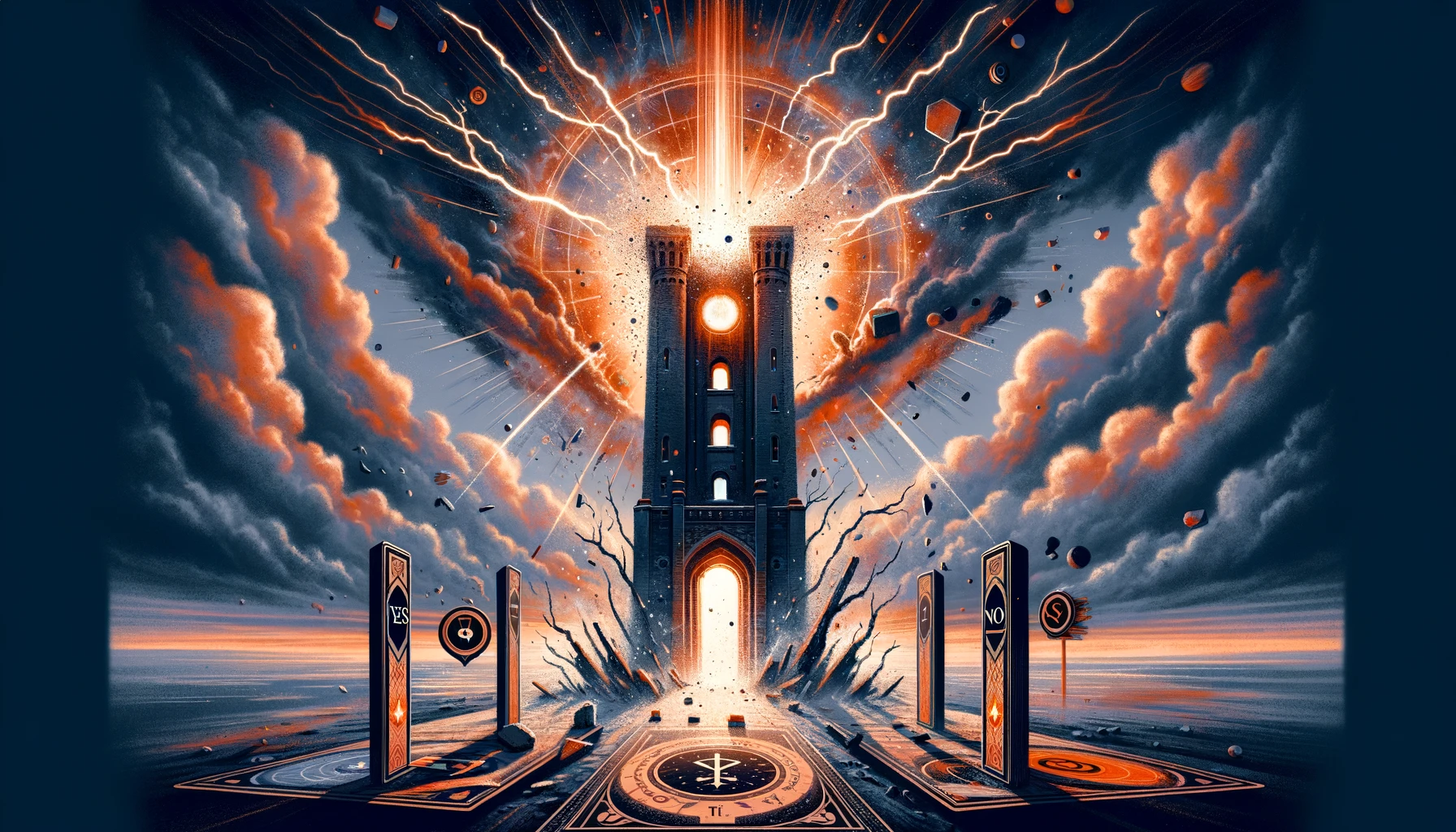 "An illustration depicting a tower being struck by lightning, symbolizing intense and transformative energy associated with sudden change and the collapse of existing structures. It sets a dynamic and charged tone for your article discussing the implications of drawing 'The Tower' in divination as a Yes or No answer."