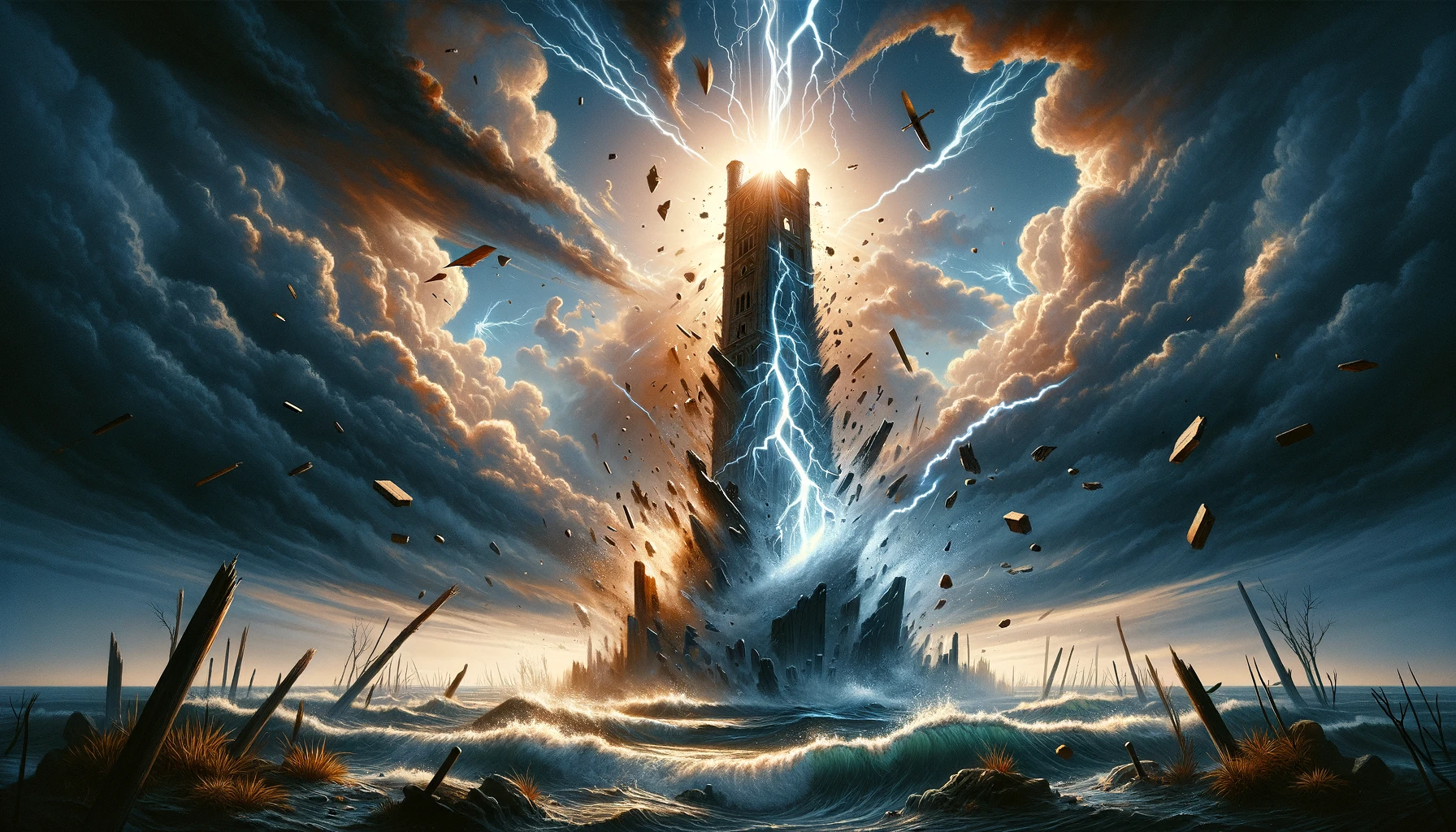 "An image portraying a tall tower struck by lightning, engulfed in flames and collapsing, vividly illustrating the sudden upheaval and transformative events it signifies. It sets a dynamic and compelling tone for your article discussing 'The Tower' as representing a situational aspect of life."