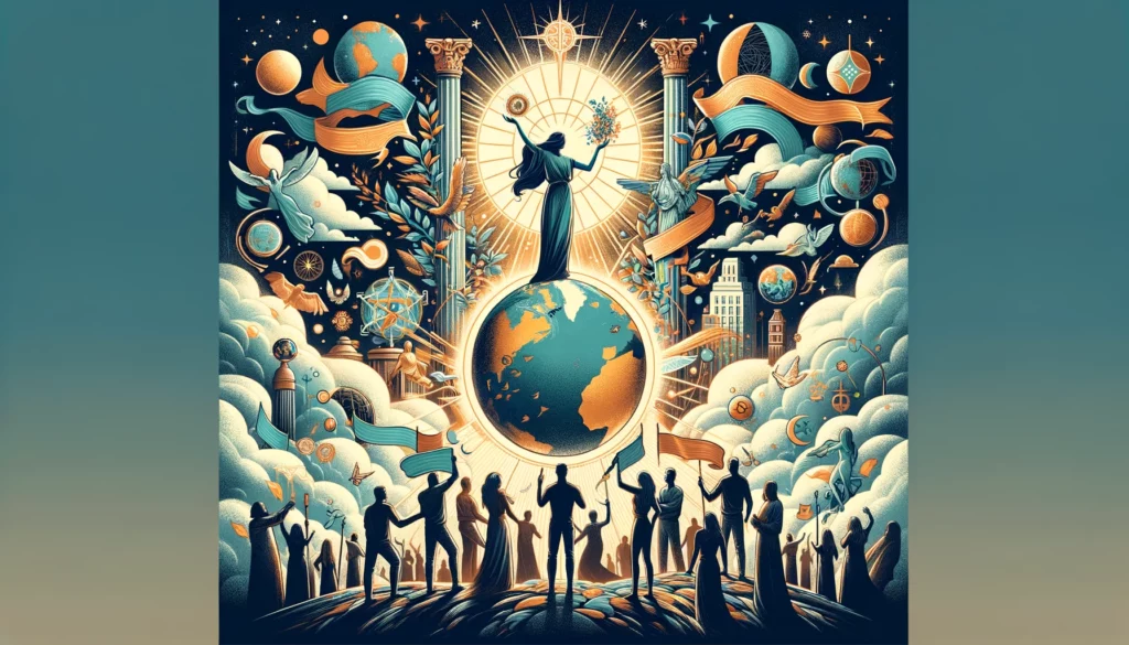  "Illustration representing 'The World' Tarot card embodying fulfillment, achievement, and unity, conveying a tone of accomplishment and enlightenment in the context of personification within the Tarot."