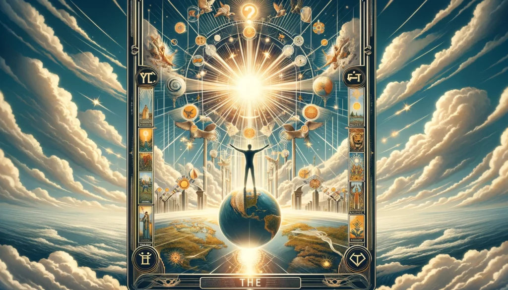 "Image representing the ultimate affirmation of success, completion, and unity with 'The World' Tarot card in its upright position. Symbolizes certainty, triumph, and the joy of achieving one's highest potential in yes or no questions."